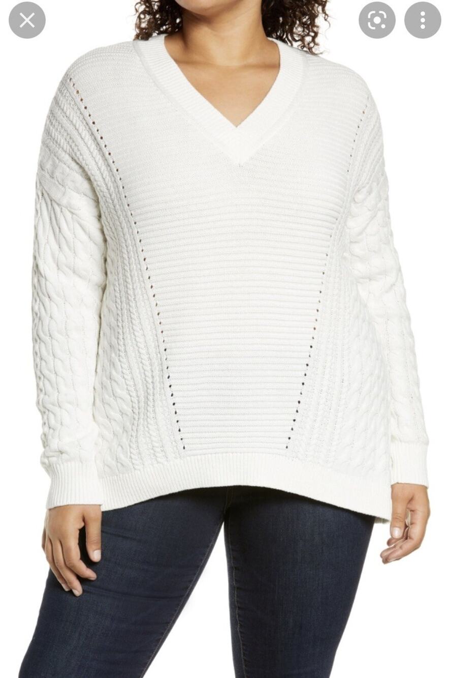 Caslon Cable Knit V-Neck Hi Low Sweater Ivory Cloud Size S Small A003028